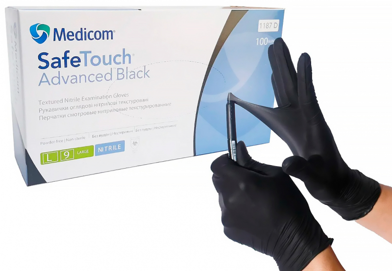 SafeTouch Advanced Black, 1187, 5 г (Medicom) Перчатки смотровые нитриловые текстурированные без пудры н/с
